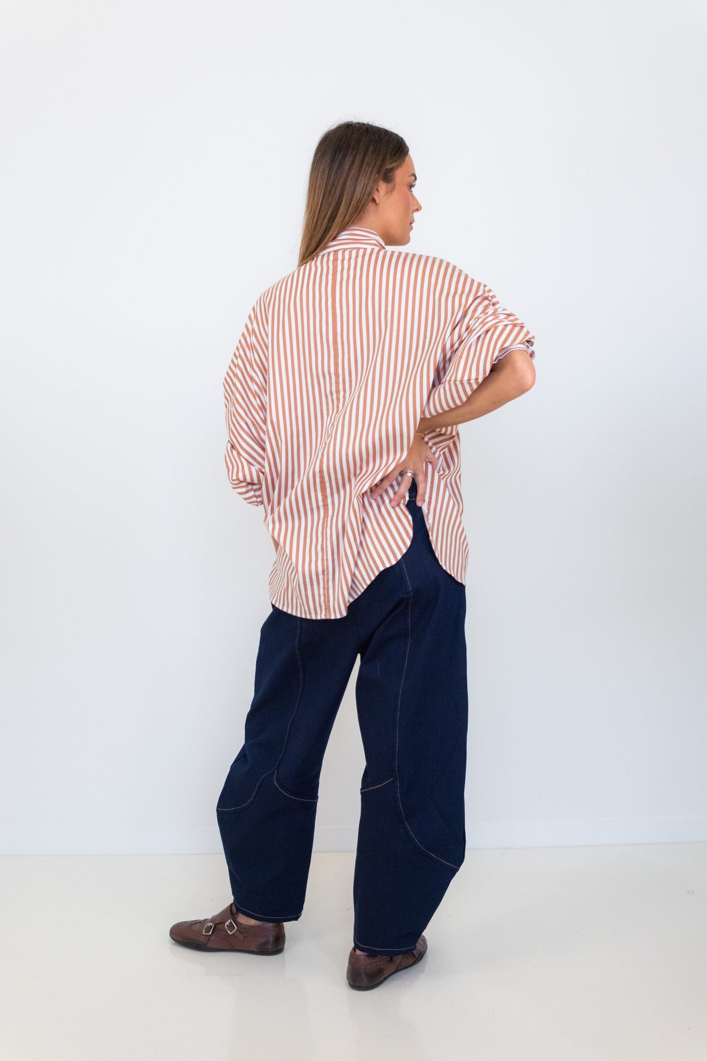 Butterfly Sleeve Shirt - Brown Stripe
