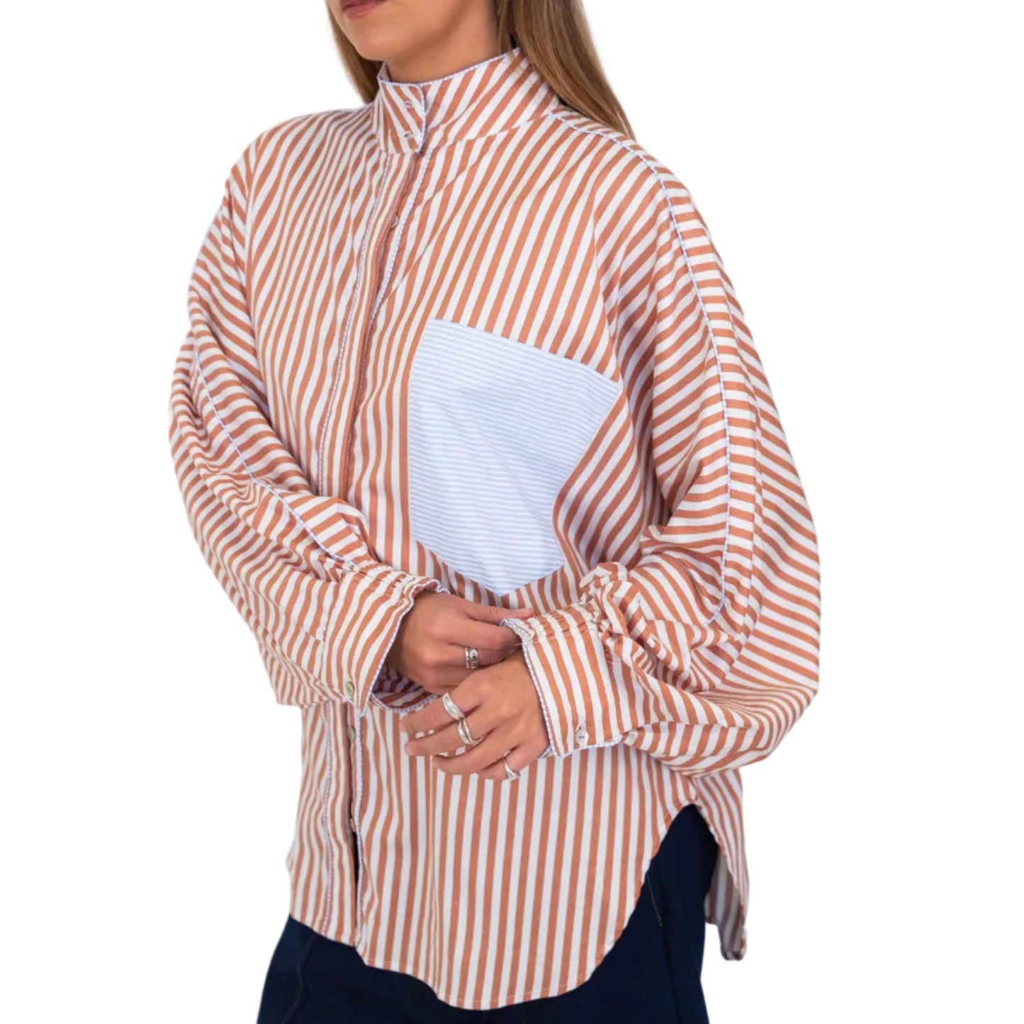 Butterfly Sleeve Shirt - Brown Stripe