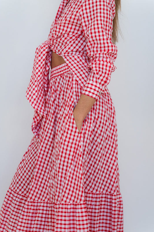 Cherry Check Tiered Cotton Maxi Skirt