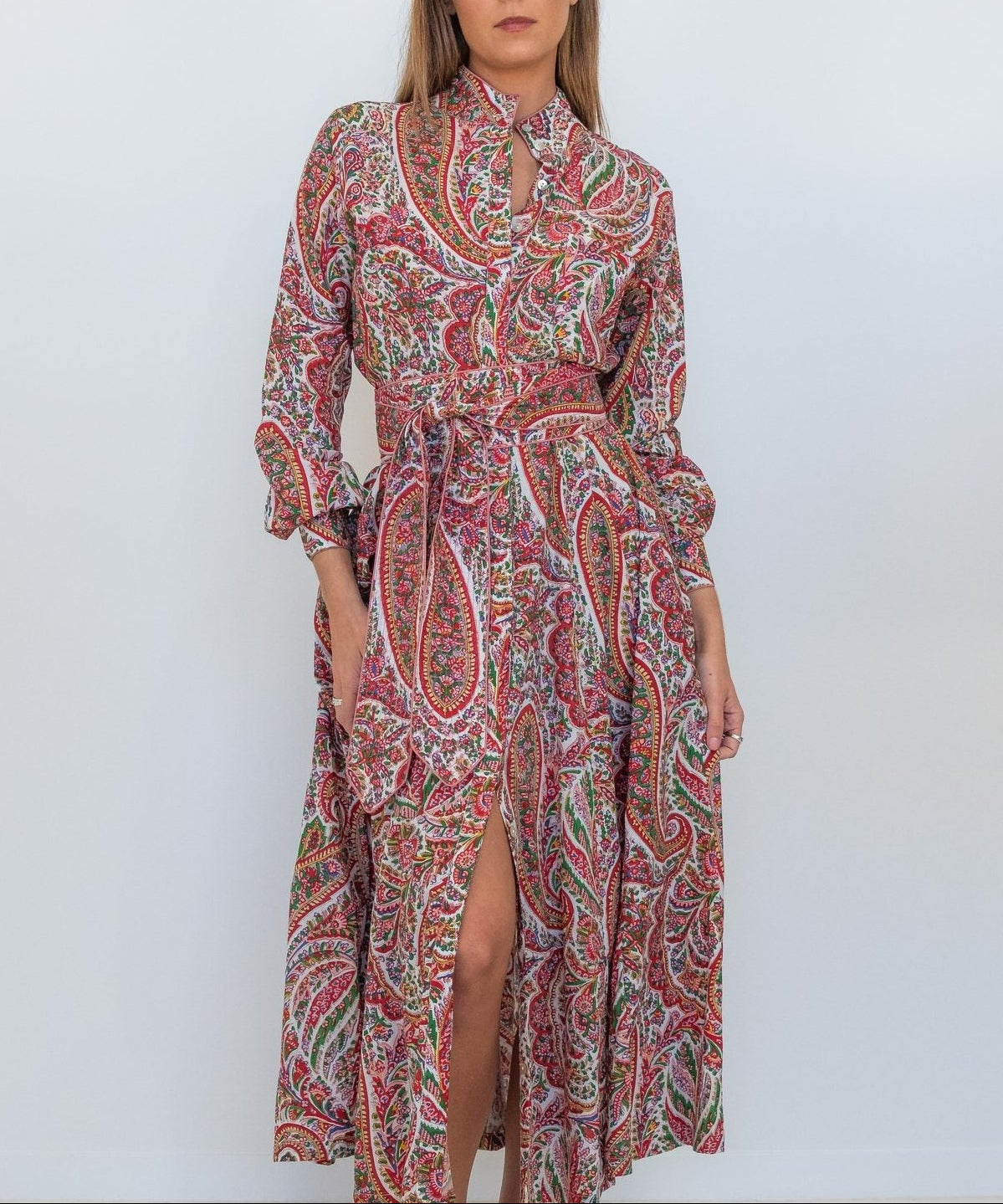 Ruby Red Paisley Panel dress with tie belt — IT'S A FAD. Dress from Noosa, Australia