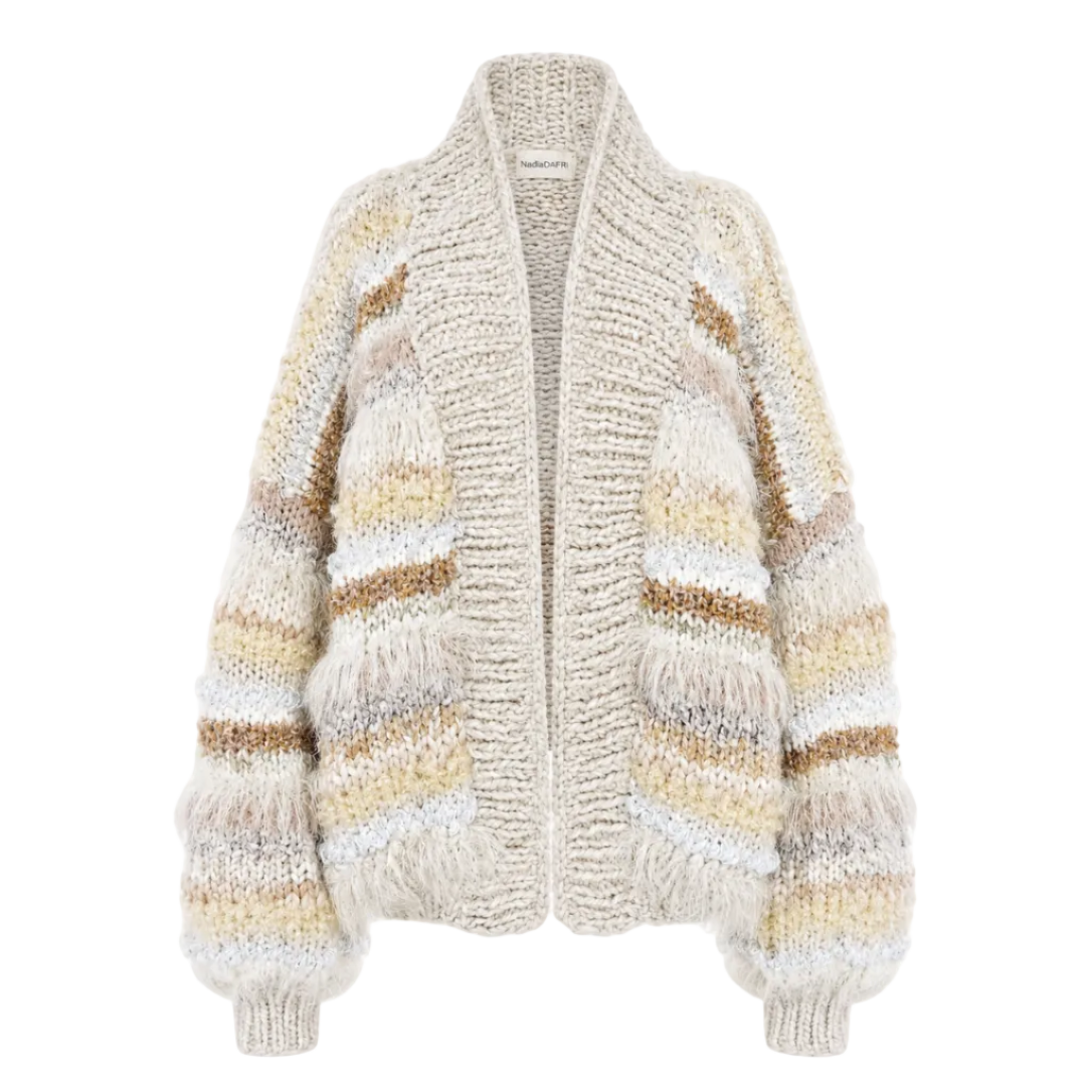 Knitted cardigan with multicolor stripes on a white background