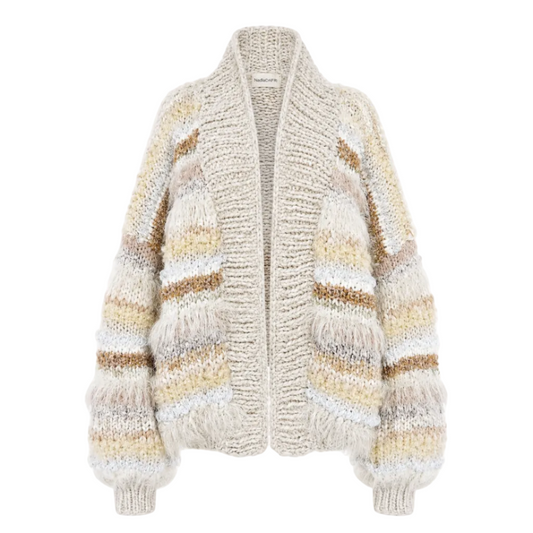 Knitted cardigan with multicolor stripes on a white background