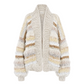 Knitted cardigan with multicolor stripes on a white background