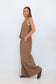 Side view of Chocolate Prince of Wales wide-leg pants styled with the matching check vest.