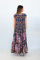 Back view of the Ophelia snakes and florals maxi dress, showing the navy patterned bodice and floral tiered skirt.