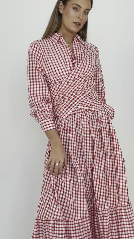 Cherry Check Tiered Cotton Maxi Skirt