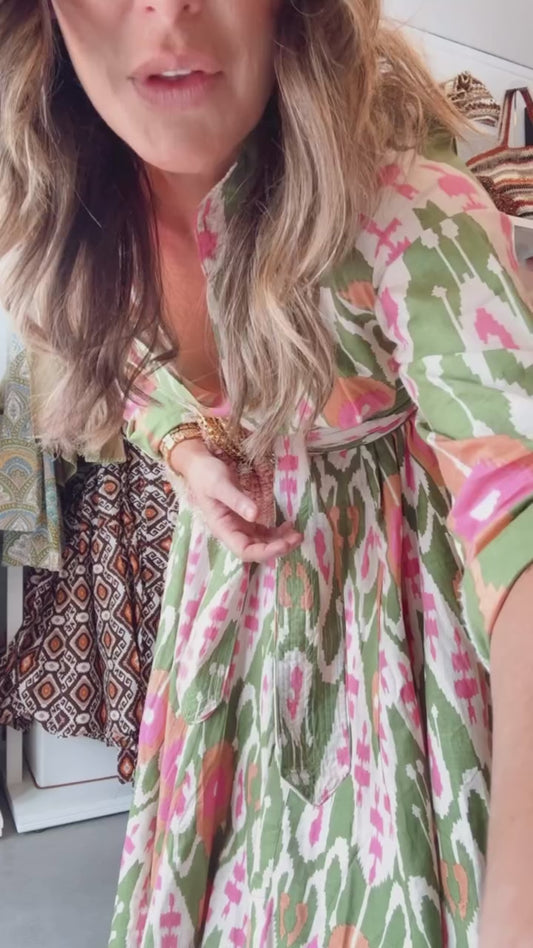 Pink and Green Ikat Panel Dress