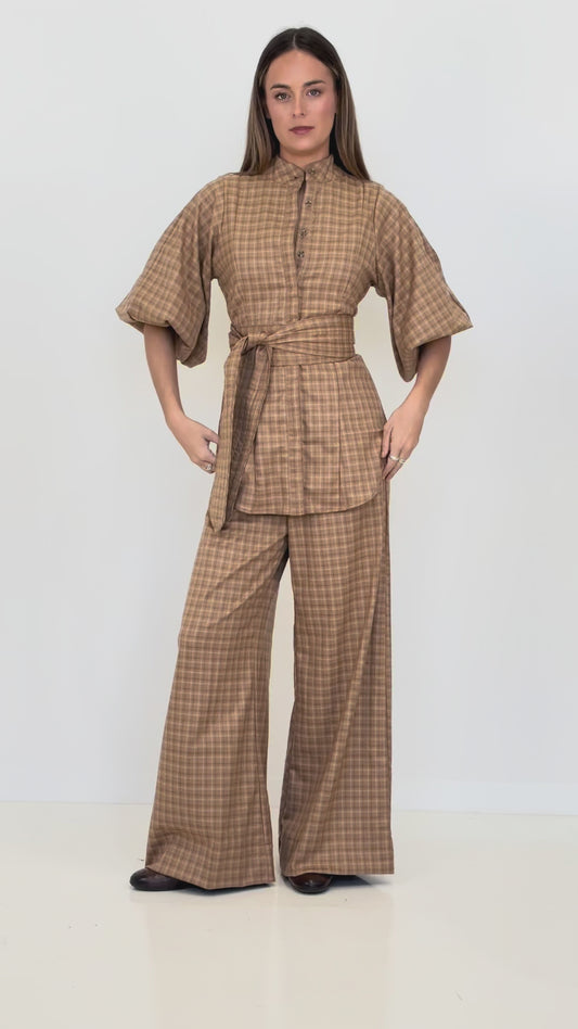 Cappuccino Check Lux Balloon Sleeve Belted Shirt