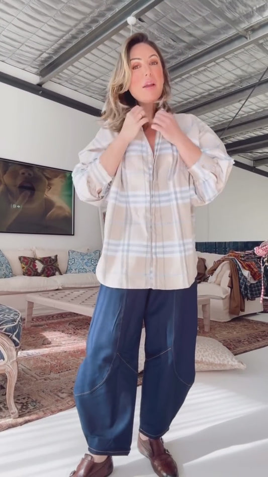 Butterfly Sleeve Shirt - Tan Checks