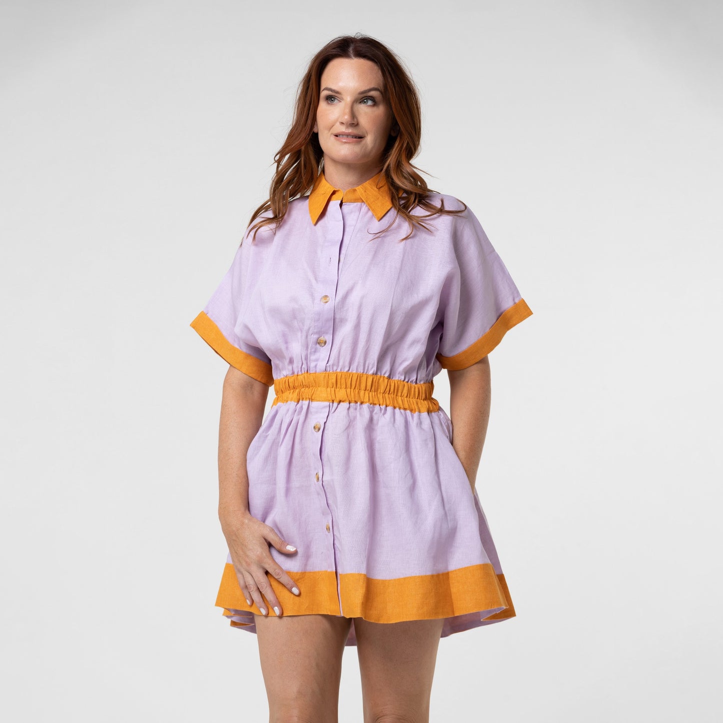 Lola Short Linen Dress lilac and Orange