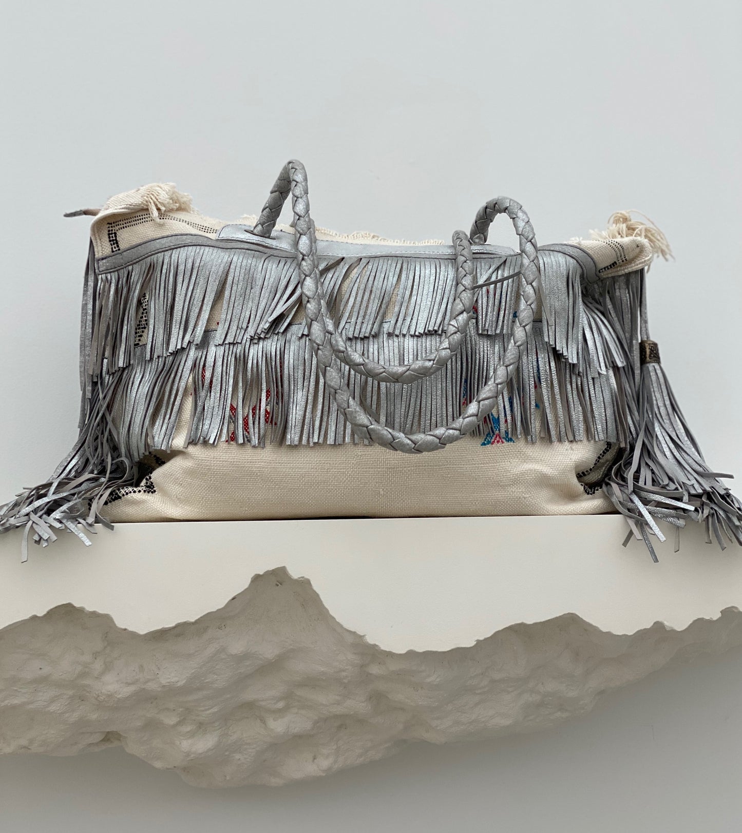 White Cactus Silk with Silver Leather Fringe Weekender