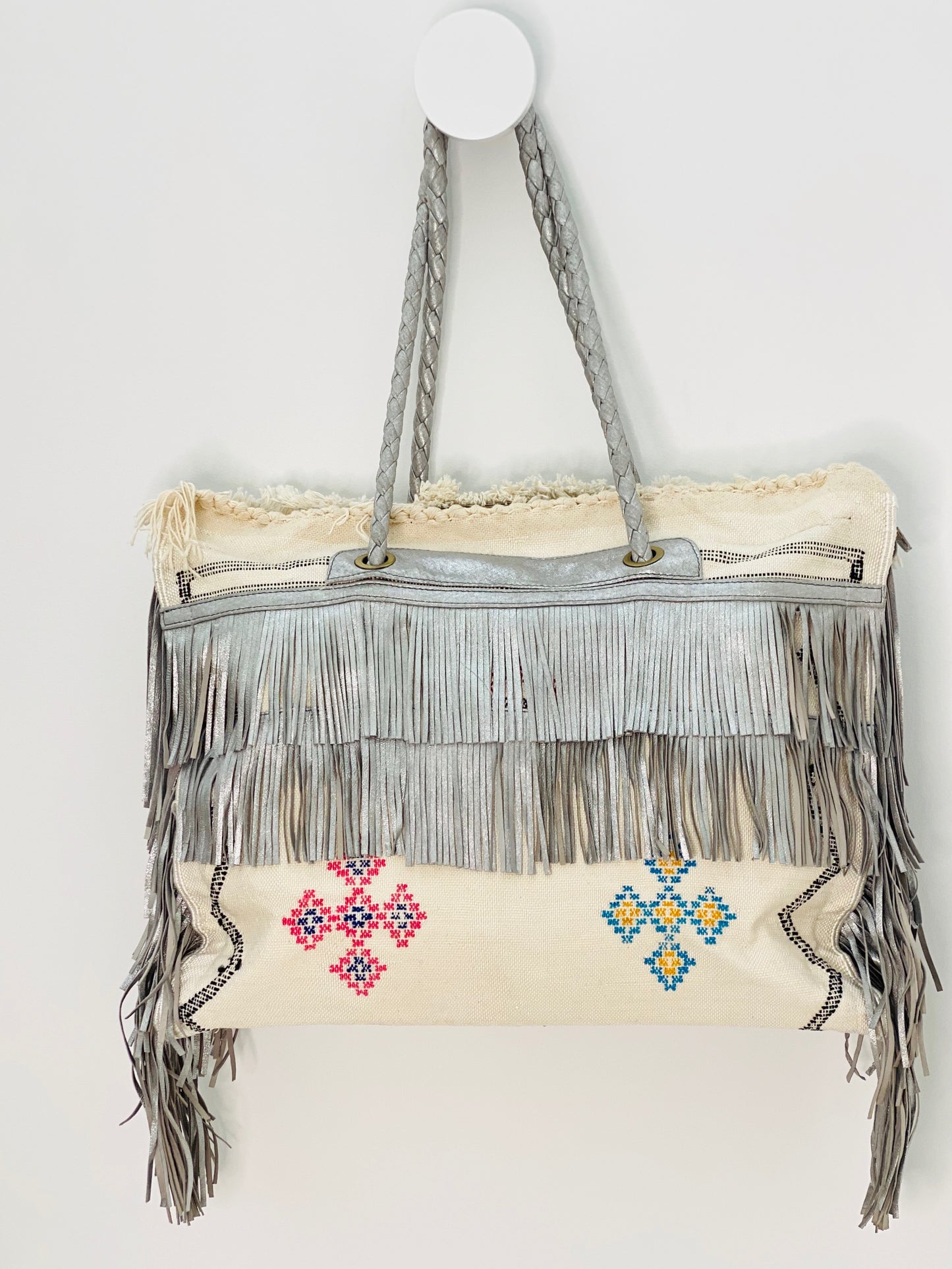 White Cactus Silk with Silver Leather Fringe Weekender