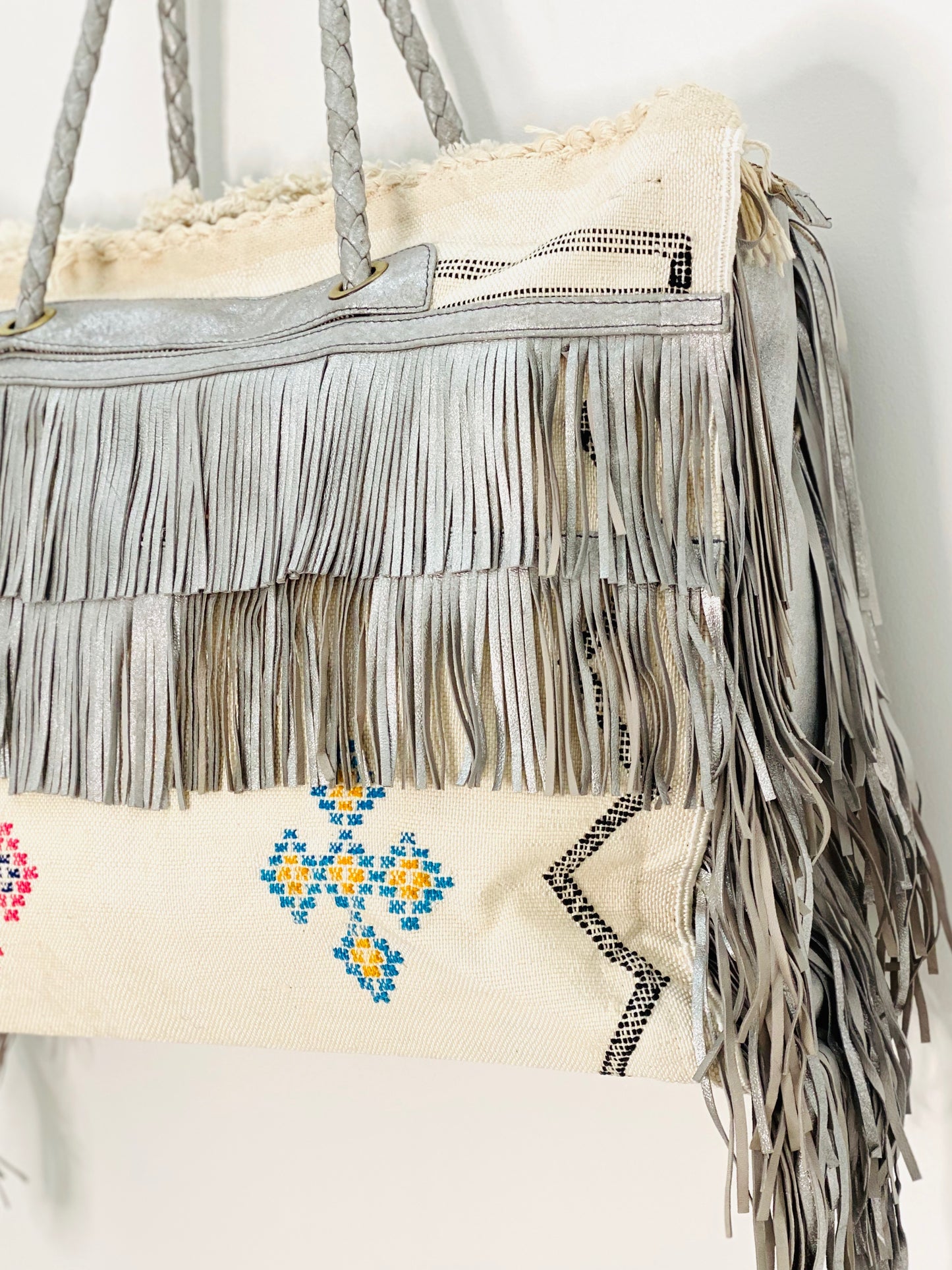 White Cactus Silk with Silver Leather Fringe Weekender
