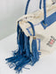 White Cactus Silk Blue Leather Fringe Weekender Bag