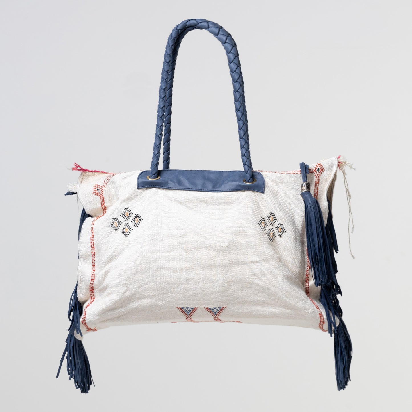 White Cactus Silk Blue Leather Fringe Weekender Bag