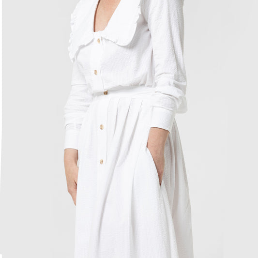 Ruffled Collar White Seersucker Midi Dress