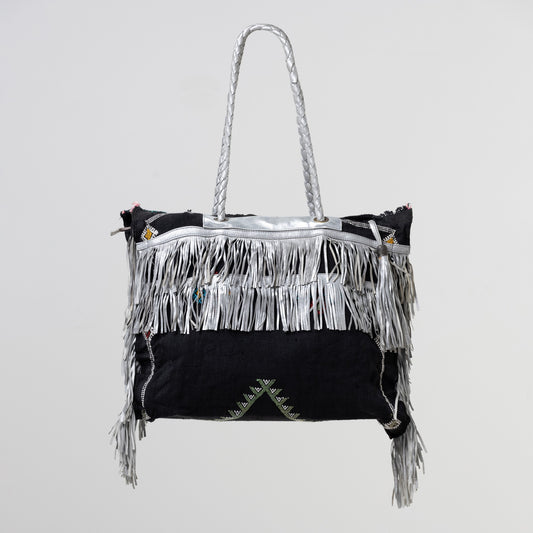 Black and Silver Cactus Silk Moroccan Leather Fringe Weekender Bag
