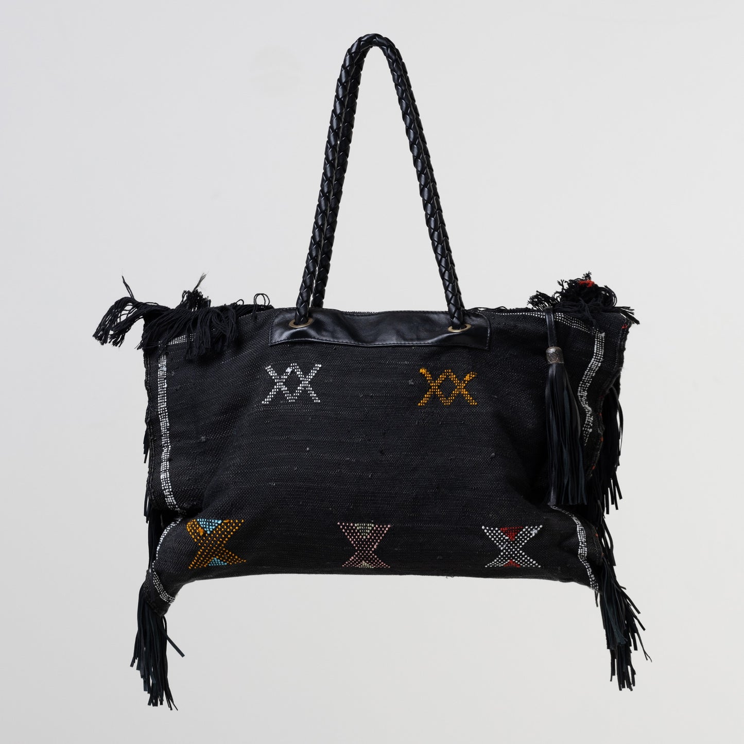 Black Cactus Silk Leather Fringe Weekender Bag
