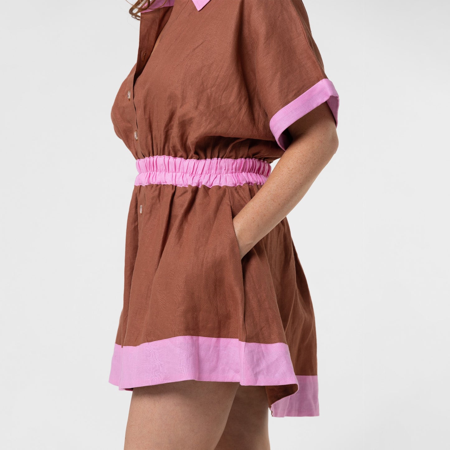 Lola Short Linen Dress Pink and Brown