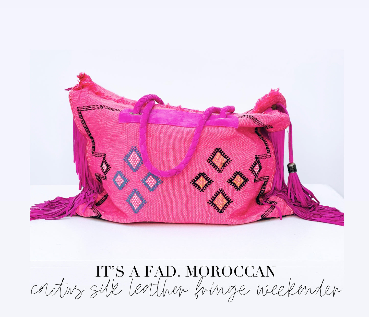 Pink cactus silk Moroccan Leather Fringe Weekender