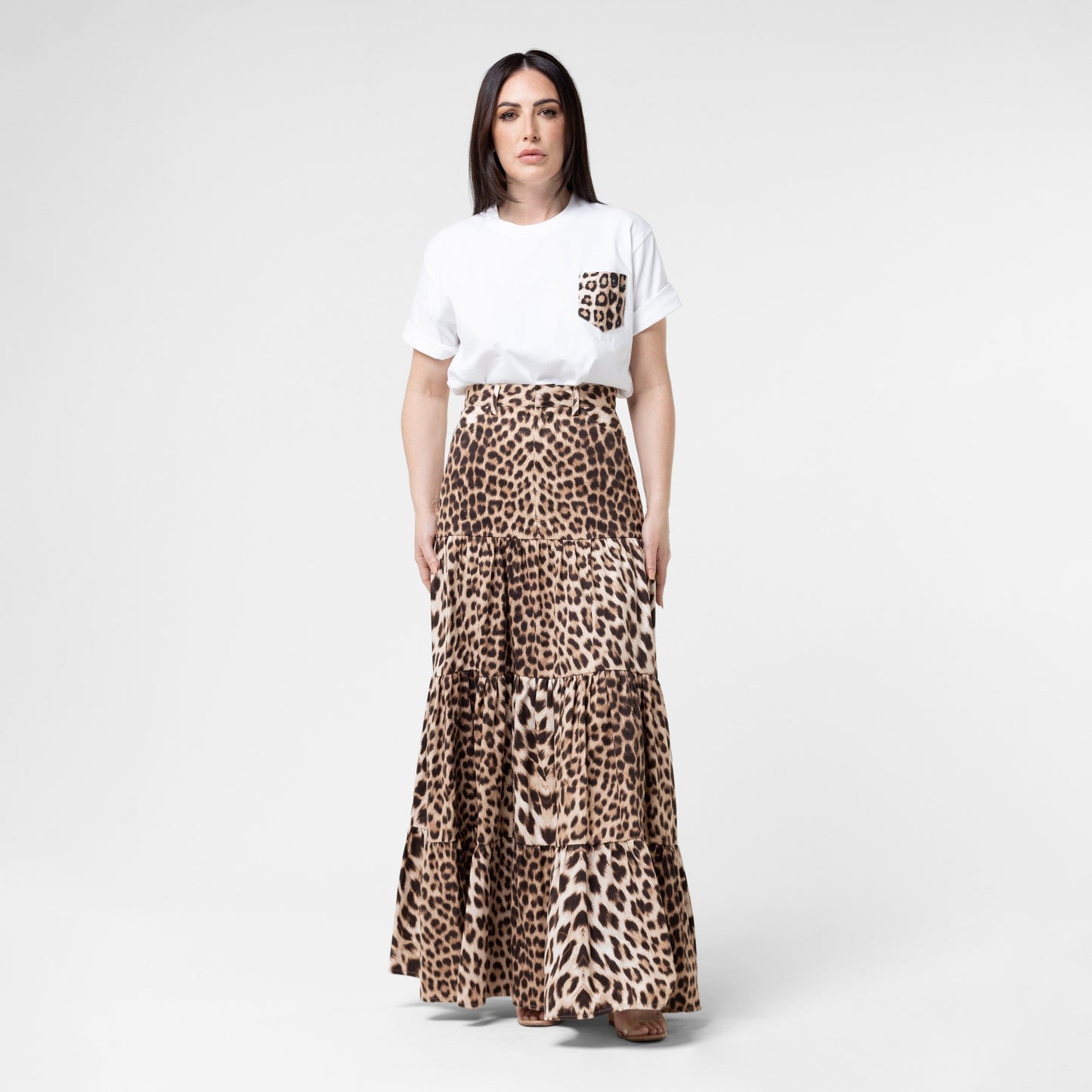 Leopard Print Tiered Long Skirt