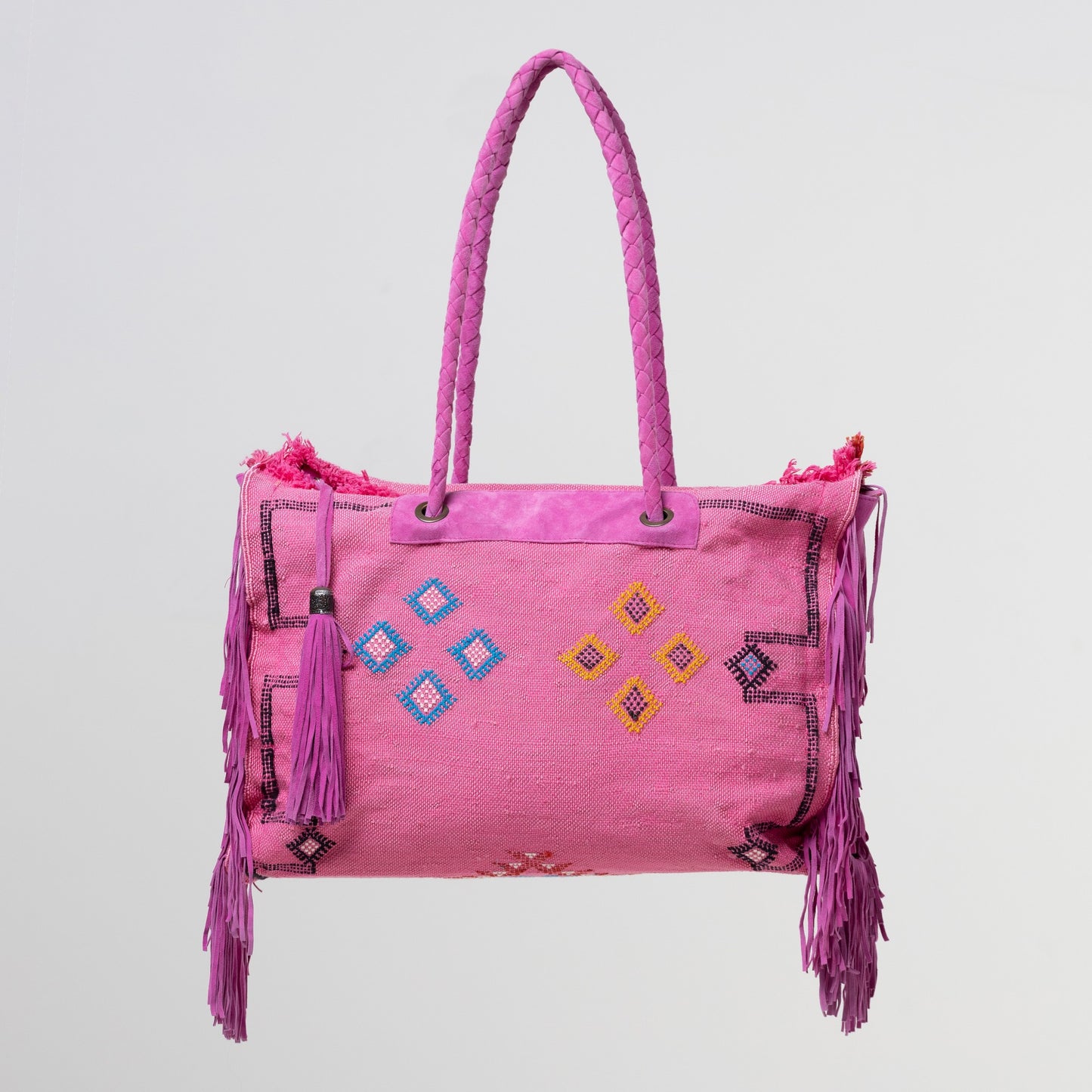 Pink Cactus Silk Leather Fringe Weekender Bag