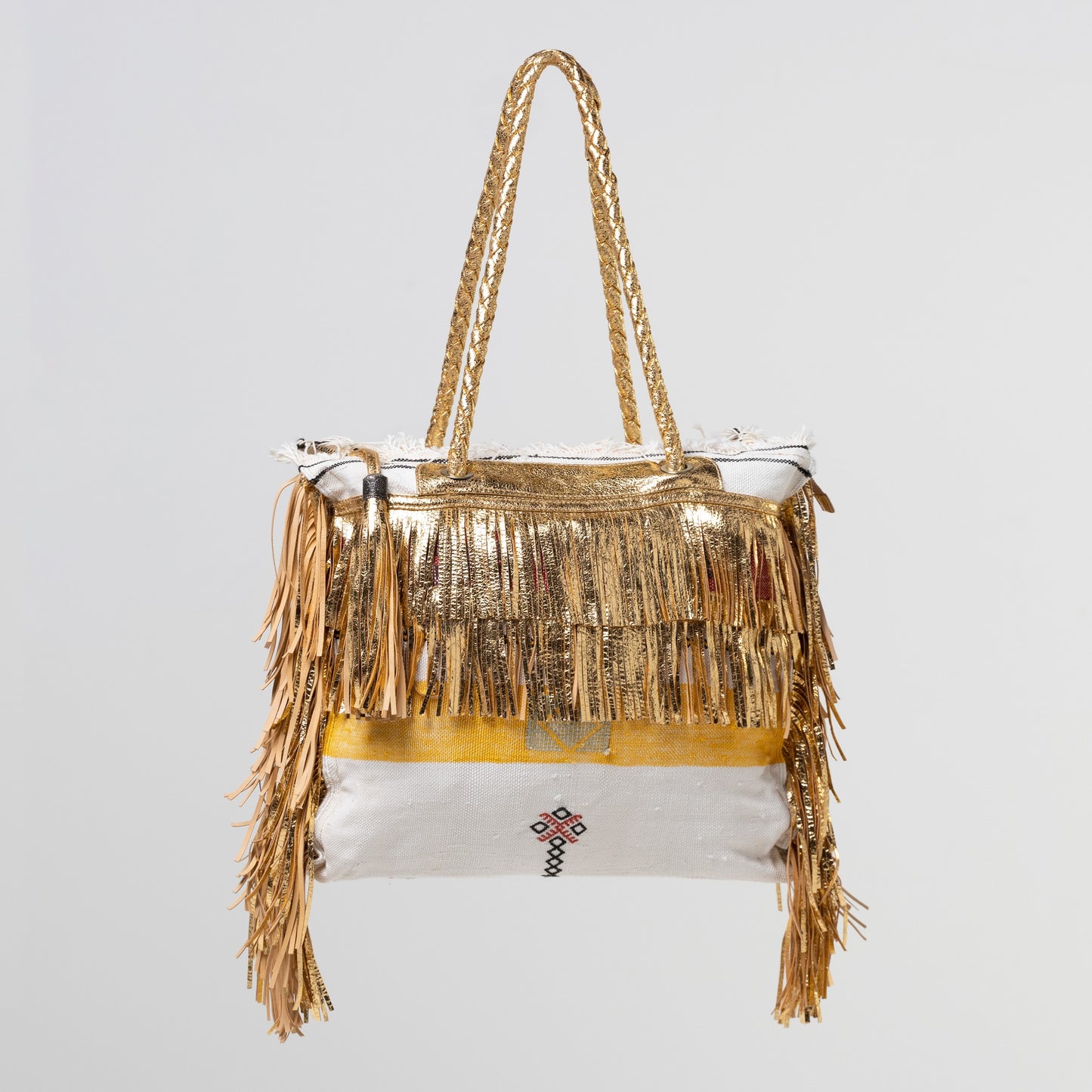 Yellow and White Cactus Silk Moroccan Gold Leather Fringe Weekender Bag