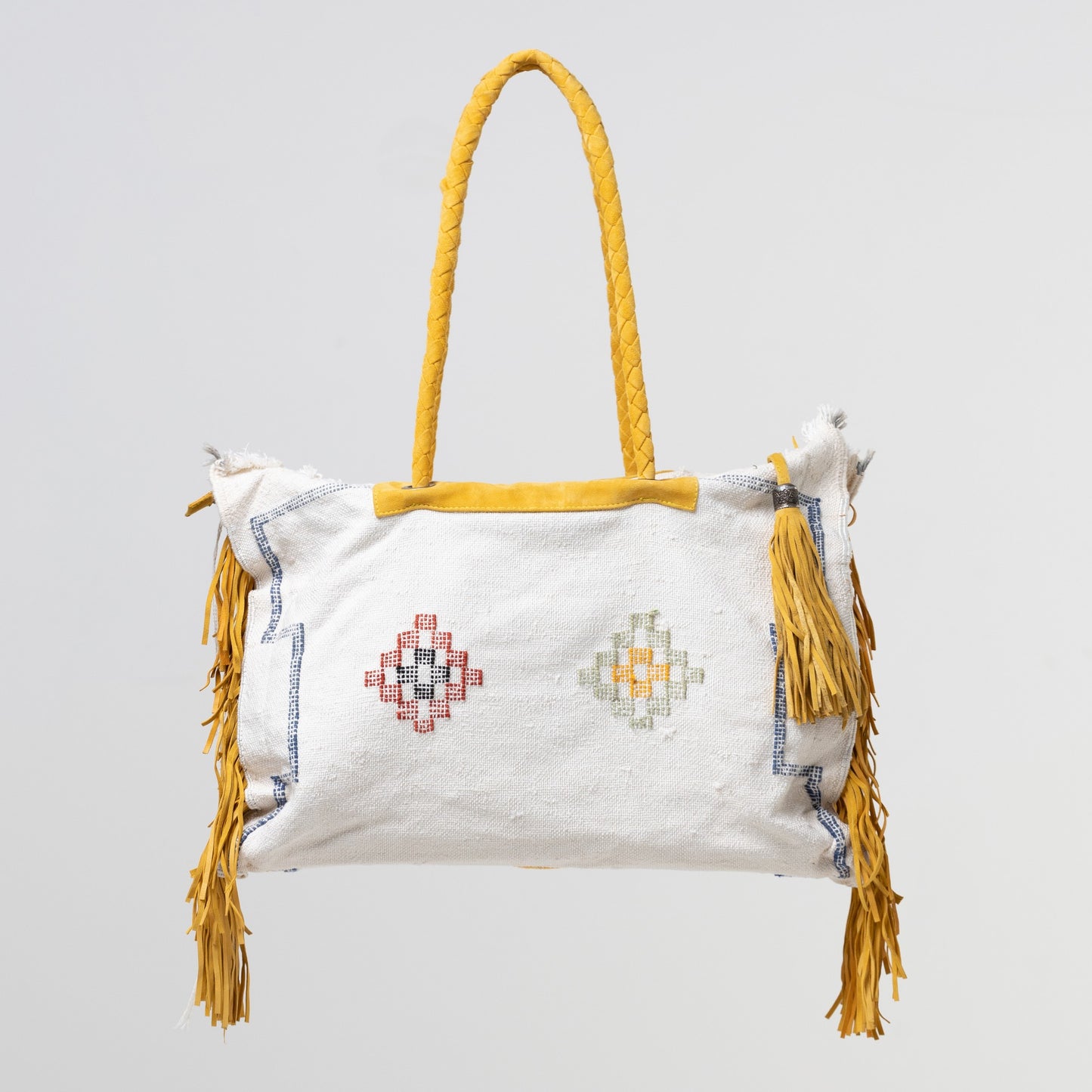 White and Yellow Cactus Silk Blue Leather Fringe Weekender Bag